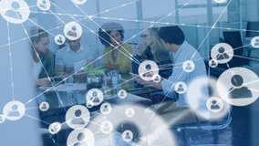 Animation of digital interface with icons and network of connections over colleagues at meeting using electronic devices. Global computer network technology concept digitally generated image. - Powered by Shutterstock - Get 15% off with code: PIKWIZARD15