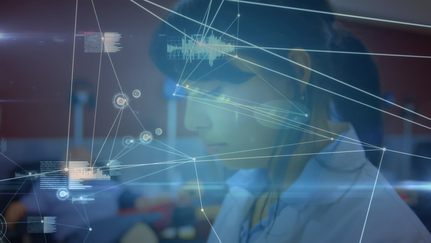 Animation of medical data processing and network of connections over female doctor using her digital tablet at the hospital. Global medicine healthcare concept digital composite. | Shutterstock HD Video #1062038695