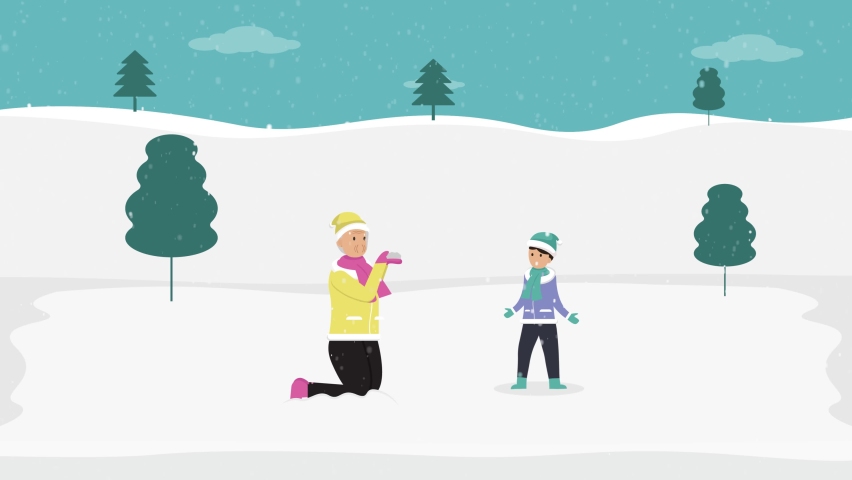 Old woman animation blowing snow while playing with her grandson in the snowy park at winter time. Shot in 4k resolution
