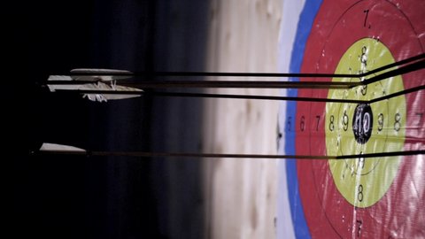 The arrow hits the target. Lots of arrows hit the targets. The arrow hits the target. Accurate archer shooting. Accuracy competition. Targets are hit with an arrow. Archery at a distant target.