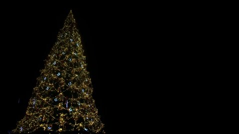 Modern 3d green christmas card on black backdrop. Realistic tree decoration. 3d abstract background. Black background. Merry christmas. Pattern, design. City lights. Bokeh lights. Video 4K.