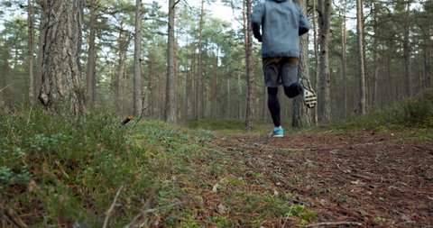 outdoor workout - man running on forest trail. slow motion slider shot