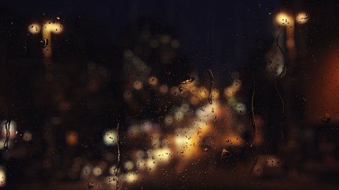 Falling rain drops on window surface. 4K loop video animation. Night city and landscape with street lights. Flowing water drops on blurry glass.
