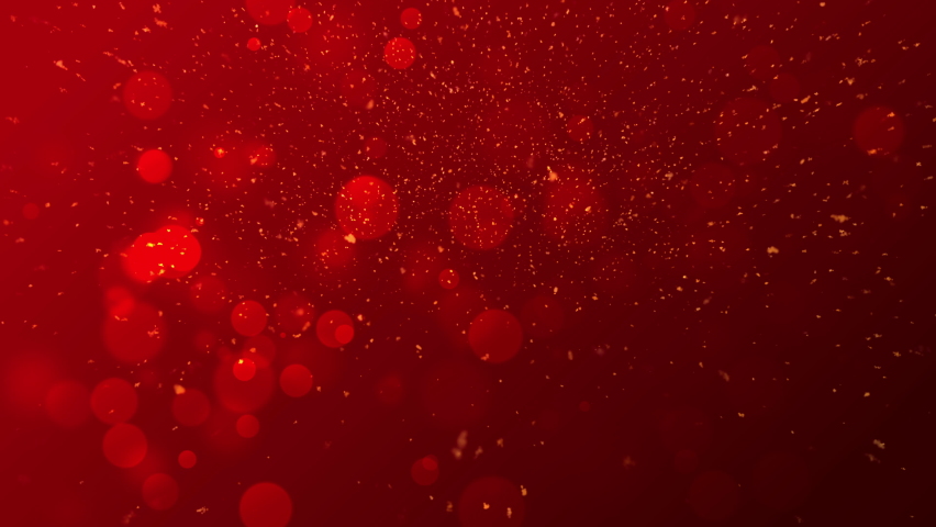 Gold particles abstract background with shining golden Floating Dust Particles Flare Bokeh star on red Background. Futuristic glittering in space.
