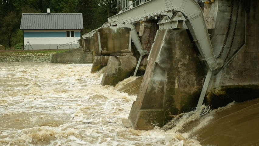 Flood River Flooding Morava Water Weir Stock Footage Video (100% 