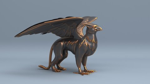 Rotating dark griffin statue or mythical ancient black gryphon sculpture seamless looping animated background, fantasy animal with wings 3d render animation hd 1080p video.