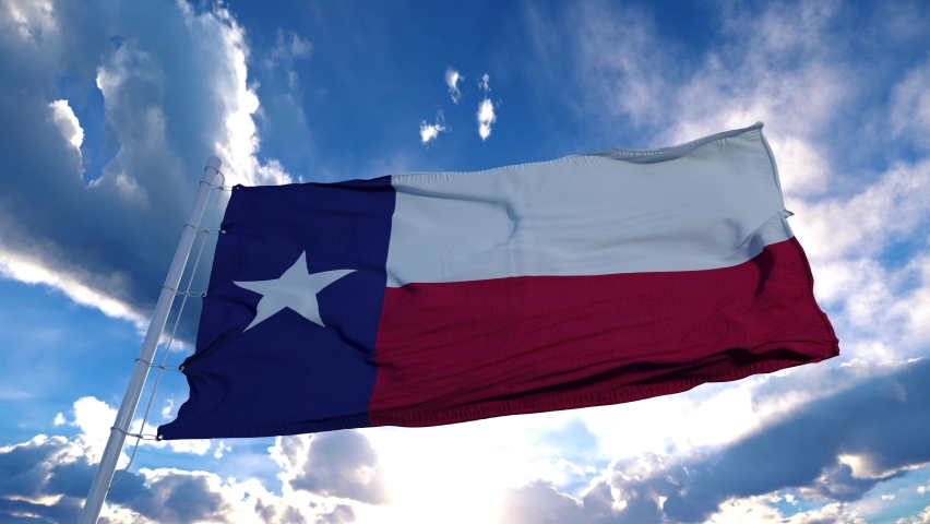 Texas flag on a flagpole waving in the wind, blue sky background. 4K | Shutterstock HD Video #1062060997