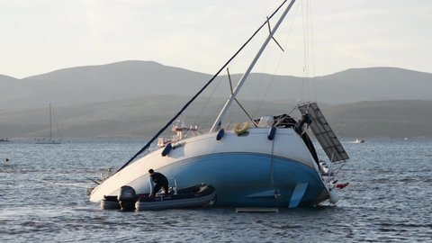 2020, izmir, Turkey - November 1 There was an earthquake at aegean sea on October 30 7.0 ML The earthquake caused a tsunami at Seferihisar Izmir Teos marina. We see  sunk yatches rescue work