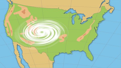 Weather map of the USA. Meteorological forecast with Hurricane, Wind cyclone, Storm. Animation of a generic synoptic map showing with tornado or Hurricane on weather radar and satellite screen. 4K