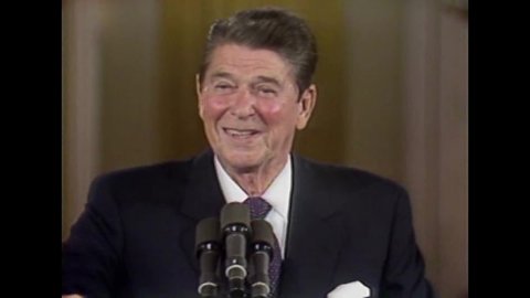 CIRCA 1984 - At a press conference, President Reagan speaks on the problems of inflation and high interest rates.