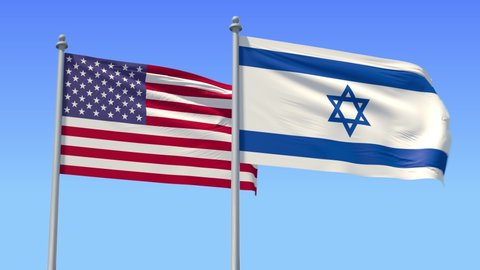 Israel and USA flag on flagpole excellent quality. The State of Israel  and The United States of America waving flag in wind. LOOP/CYCLE Animation.