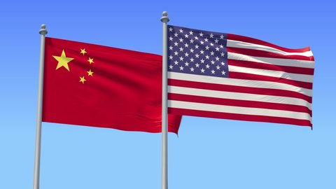 USA and China flag on flagpole excellent quality.  The United States of America and China waving flag in wind. China and US Trade War. LOOP/CYCLE Animation.