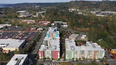 Drone footage of Issaquah, Olde Town, Newport, the I-90 highway, commercial area, apartments, Construction near Costco, Lake Sammamish and surrounding suburbs in King County, Washington