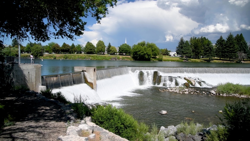 Panoramic view of Idaho Falls Waterfalls on a beautiful summer day