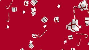 Animation of ho ho ho text with stars and christmas candy canes and presents on red background. christmas festivity celebration concept digitally generated image. - Powered by Shutterstock - Get 15% off with code: PIKWIZARD15