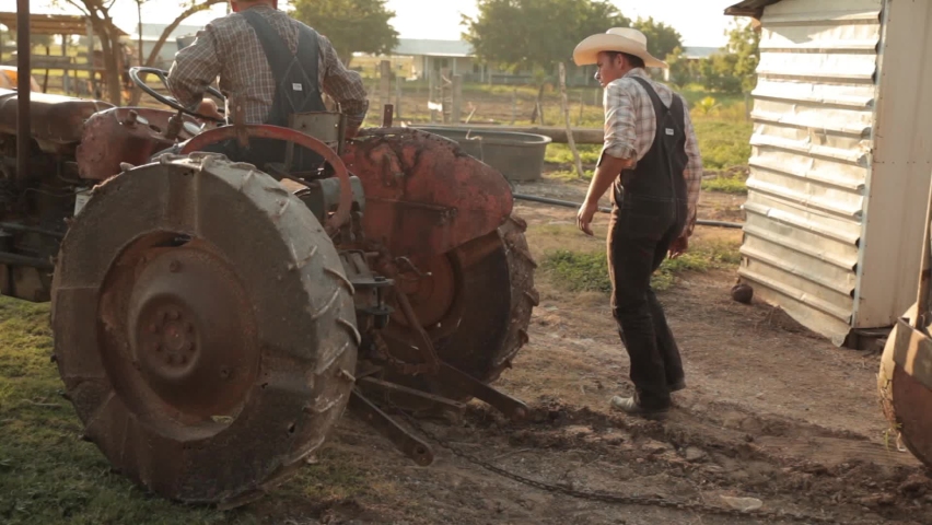Mennonite daily routine. Man is driving tractor on field. Sunset. Field workers are driving an old tractor. Golden hour on field.