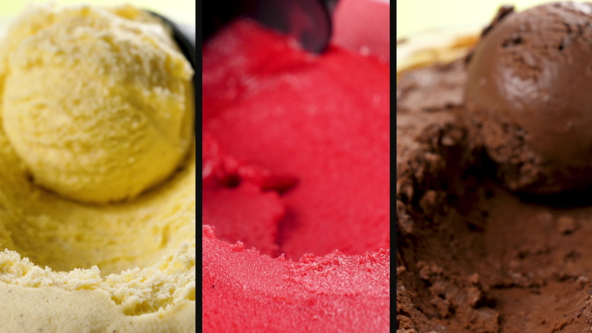  ice cream- vanilla, chocolate and strawberry scooping ice cream