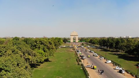 New Delhi / India - March 07 2018: Aerial view of the India Gate and the  Indian Parliament.