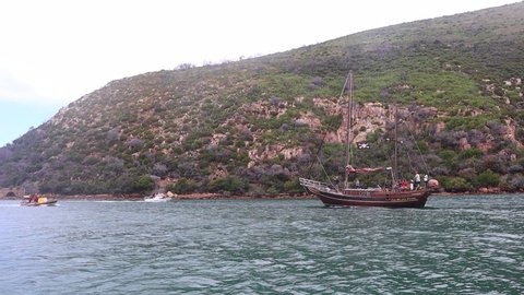 Knysna , Garden Route / South Africa - 12 30 2019: Black Pearl pirate ship greats luxury yacht MV Katharine in Knysna