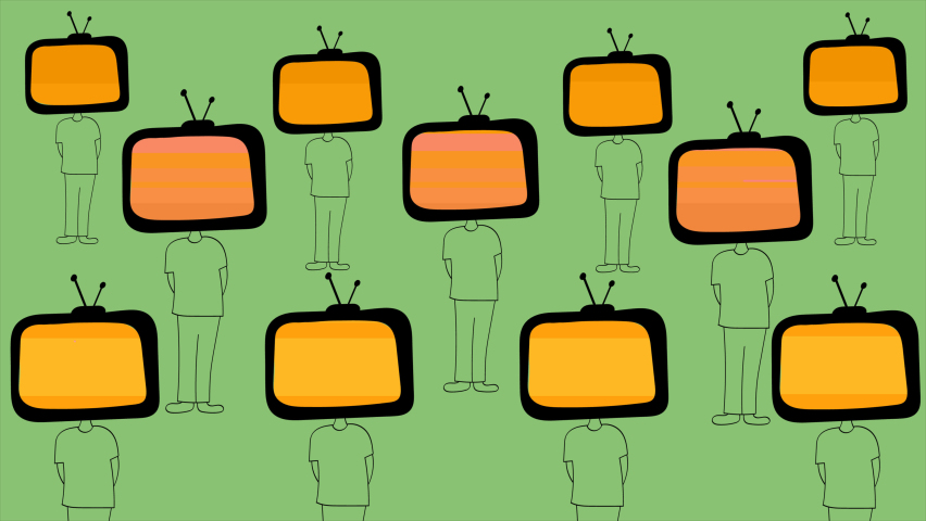 People with a TV-head. Animated drawing. Motion desing. Modern stylish background, banner, picture for your website, vlog.