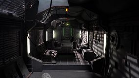 Industrial interior hallway on sci-fi spaceship. On film set moving through realistic run down space station gangway to control room. Sound stage science fiction construction.