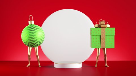Christmas showcase mockup, looping animation of a funny 3d Gift box and ball ornament with golden legs, dancing near the empty pedestal and round blank white board, isolated on red background.