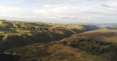 Aerial view over Simien National park plateau during sunrise in Ethiopia