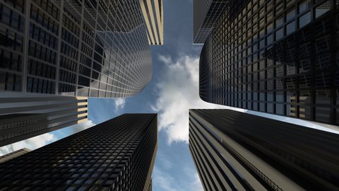 Business district with many office buildings and skyscrapers of successful financial, insurance and industrial companies. Office windows of the rental commercial real estate, loopable 3d animation.