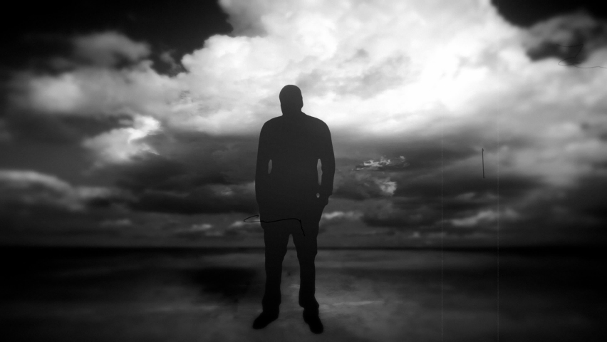 Silhouette of Desperate Man Alone Using Pouring Rain, Vintage. Silhouette of a desperate man standing alone in the rain. Old film effect | Shutterstock HD Video #1062106171