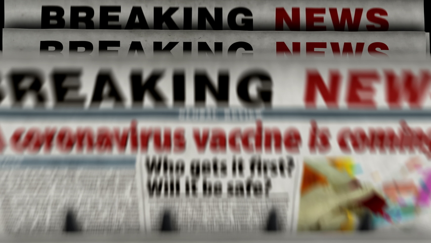 Coronavirus vaccine is coming, Covid-19 epidemic, cure, virus, drug, pandemic and medicine breaking news. Newspaper printing. Vintage press production concept. Retro 3d rendering animation. | Shutterstock HD Video #1062107353