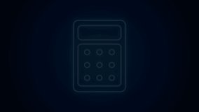 Glowing neon line Calculator icon isolated on black background. Accounting symbol. Business calculations mathematics education and finance. 4K Video motion graphic animation.
