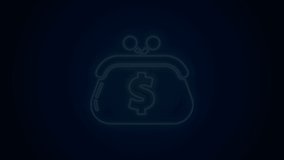 Glowing neon line Wallet with dollar symbol icon isolated on black background. Purse icon. Cash savings symbol. 4K Video motion graphic animation.
