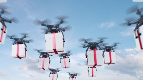 Gift Boxes Delivering by Many Drones Flying in the Clouds. Looped 3d Animation on White Background, Sky and Green Screen. Alpha Mask. Modern Delivery Business Concept. 4k Ultra HD 3840x2160.
