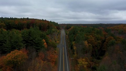 Forward aerial along country road through colorful hilly autumn forest