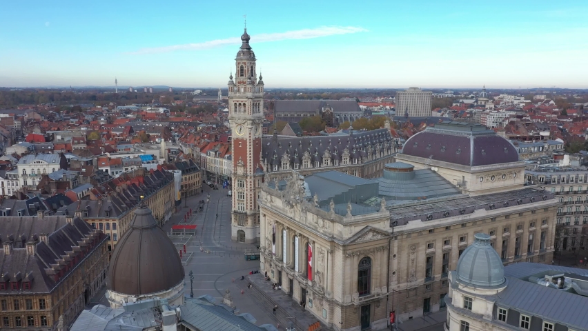 France, North, Lille, drone aerial view starting from opera and ending on the belfry of the chamber of commerce Royalty-Free Stock Footage #1062122725