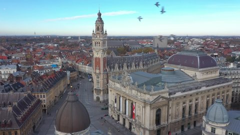 France, North, Lille, drone aerial view starting from opera and ending on the belfry of the chamber of commerce