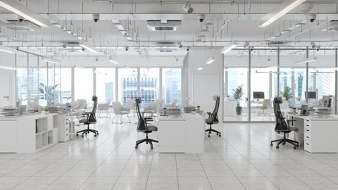 3d Renderging of Modern Office Space With Waiting Room, Board Room And Cityscape Background