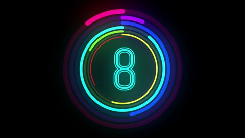 Colorful Glow 10 seconds Countdown Animate In and Out - Seamless Loop animation on black background