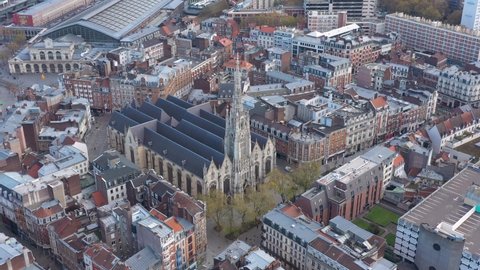 France, North, Lille, Saint-Maurice church, left to right drone aerial view