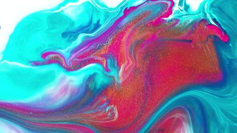 Fluid art drawing footage, trendy acryl texture with flowing effect. Liquid paint mixing artwork with splash and swirl. Detailed background motion with golden, pink and aquamarine overflowing colors.
