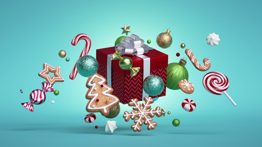 3d Christmas endless animation, looping intro. Glass balls, candy cane, caramel candies, sweets, cookies spin around the red gift box. Holiday ornaments levitate over blue background. | Shutterstock HD Video #1062142105