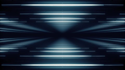 Abstract blue white futuristic background. Space from glowing neon light triangle tubes of astera on black background. Technology, VJ concept. Led lamp. Horizontal view. Seamless loop 3d animation 4K