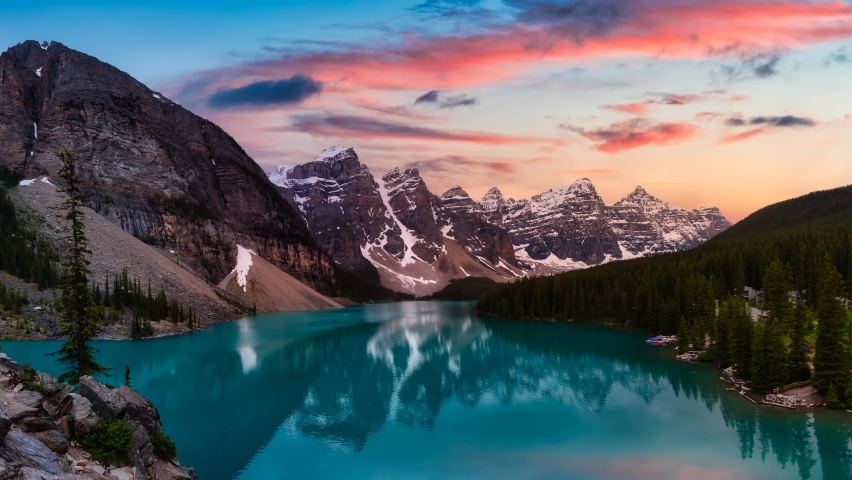 Cinemagraph Continuous Loop Animation. Beautiful view of an Iconic Famous Place, Moraine Lake. Colorful Sunset Sunny Summer Day. Located in Banff National Park, Alberta, Canada. | Shutterstock HD Video #1062146098