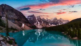 Cinemagraph Continuous Loop Animation. Beautiful view of an Iconic Famous Place, Moraine Lake. Colorful Sunset Sunny Summer Day. Located in Banff National Park, Alberta, Canada. - Powered by Shutterstock - Get 15% off with code: PIKWIZARD15