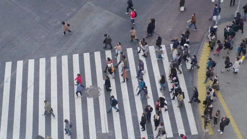 Tokyo / Japan - 01 02 2020: People crossing the road at Shibuya Crossing in Tokyo, Japan. Overhead slow motion | Shutterstock HD Video #1062153820