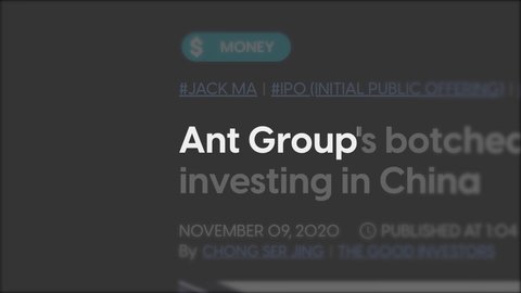 NYC, USA - Nov 11, 2020: Ant Group in news headlines in website around world. Chinese financial company and economy financial or technology concept b-roll footage. Seamless looping video. IPO news