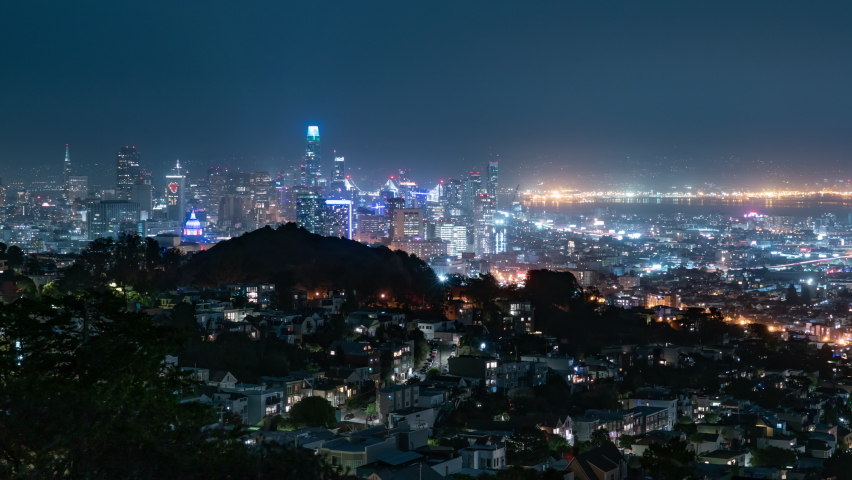 San Francisco Night Cityscape Skyline Time Lapse from Tank Hill California USA