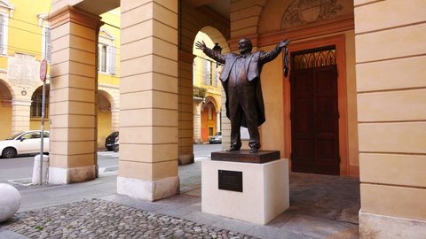 Modena, Italy, 2020,november, the Luciano Pavarotti statue next to the comunal theater