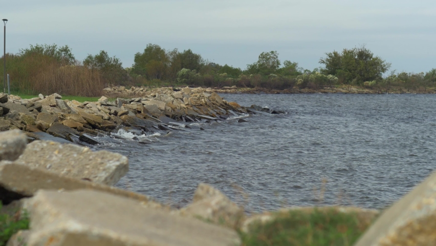 Small Waves Rocky Shoreline Lake Pontchartrain Louisiana