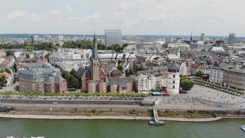 Establisher of Rhine embankment promenade, Dusseldorf, Germany. Aerial shot